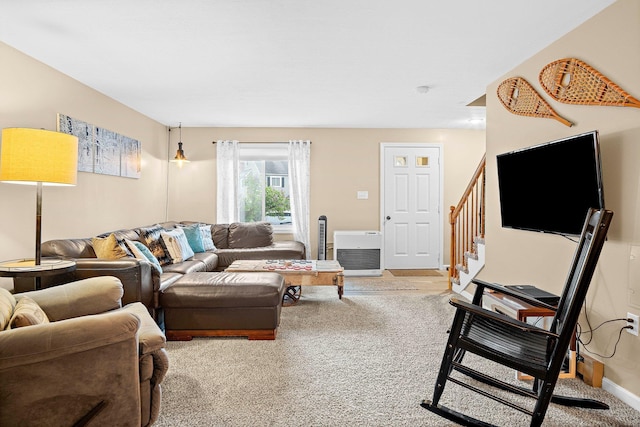 14 Monroe Dr Unit 92, Woodstock, NH 03293 - living room featuring light colored carpet, stairway, and baseboards