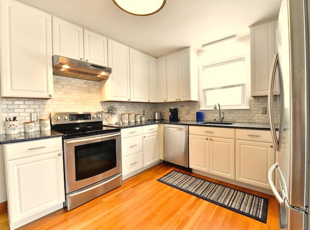55 Harding St, Manchester, NH 03109 - kitchen featuring appliances with stainless steel finishes, a sink, under cabinet range hood, and light wood finished floors