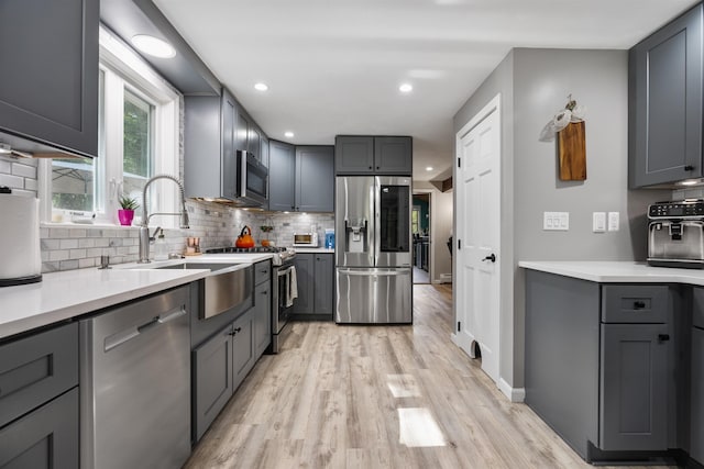 4 Franconia Dr, Nashua, NH 03063 - kitchen featuring appliances with stainless steel finishes, backsplash, gray cabinetry, light wood-style floors, and recessed lighting