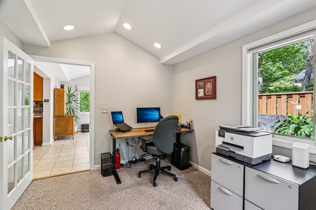 2 Warton Rd, Nashua, NH 03062 - home office with vaulted ceiling, baseboards, recessed lighting, french doors, and light carpet