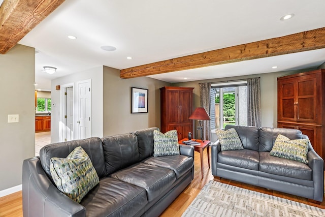 2 Warton Rd, Nashua, NH 03062 - living area featuring beam ceiling, recessed lighting, light wood-style flooring, and baseboards