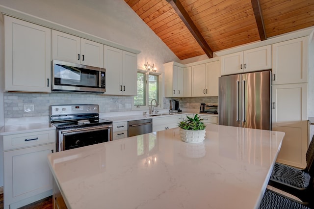 33 Karwendal Strasse, Bartlett, NH 03812 - kitchen with appliances with stainless steel finishes, wooden ceiling, tasteful backsplash, white cabinetry, and a kitchen breakfast bar