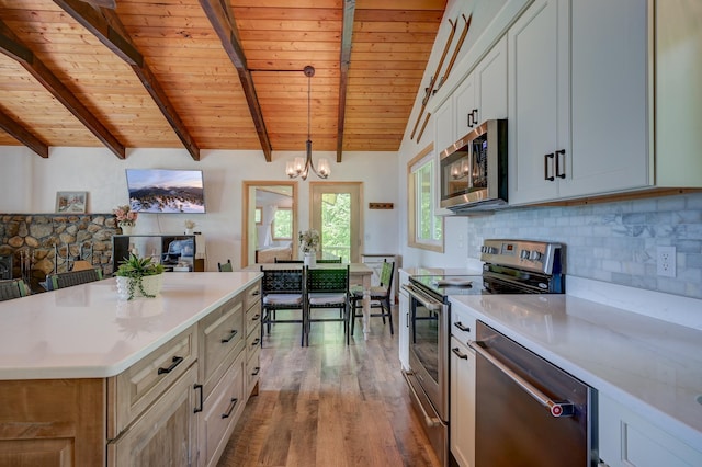 33 Karwendal Strasse, Bartlett, NH 03812 - kitchen with stainless steel appliances, wood ceiling, wood finished floors, light countertops, and decorative backsplash