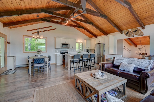 33 Karwendal Strasse, Bartlett, NH 03812 - living area with a chandelier, wooden ceiling, wood finished floors, and a baseboard radiator