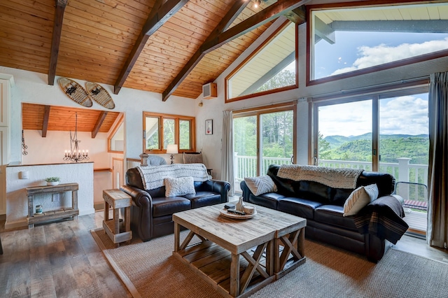 33 Karwendal Strasse, Bartlett, NH 03812 - living room featuring wooden ceiling with exposed beams, a chandelier, wood finished floors, high vaulted ceiling, and a wall unit AC
