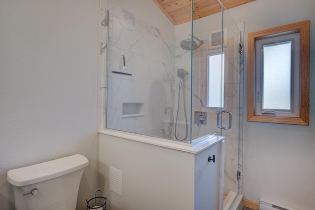 33 Karwendal Strasse, Bartlett, NH 03812 - bathroom with baseboard heating, a marble finish shower, toilet, and wood ceiling