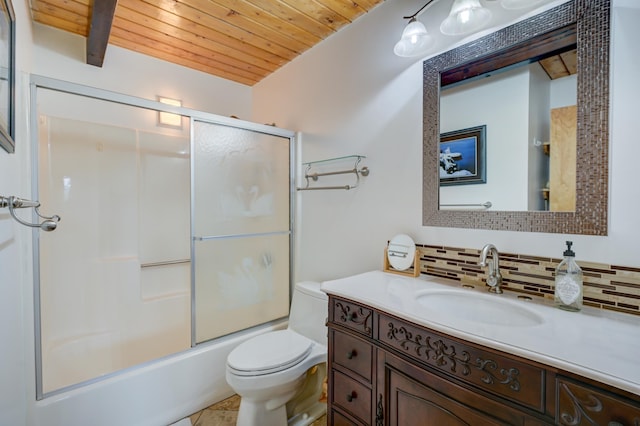 33 Karwendal Strasse, Bartlett, NH 03812 - bathroom featuring tasteful backsplash, wooden ceiling, vanity, toilet, and combined bath / shower with glass door