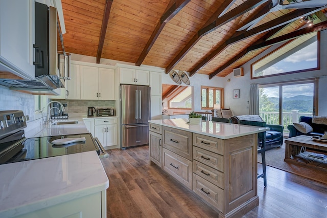 33 Karwendal Strasse, Bartlett, NH 03812 - kitchen featuring high end fridge, a sink, wood ceiling with exposed beams, open floor plan, and dark wood-style floors