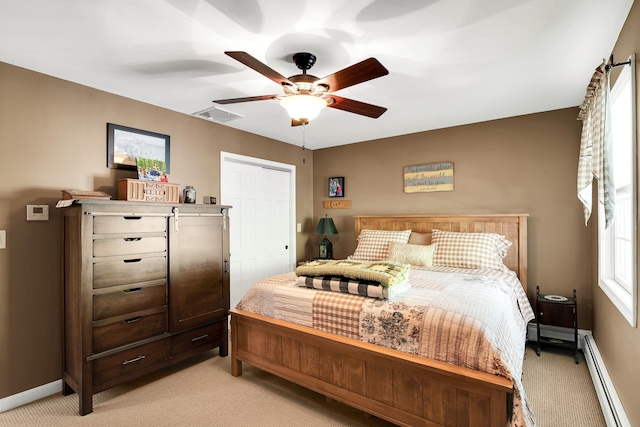 4 Mones Folly Dr, Dover, NH 03820 - bedroom featuring light colored carpet, a baseboard radiator, baseboards, and ceiling fan