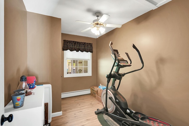 4 Mones Folly Dr, Dover, NH 03820 - workout area featuring a baseboard radiator, a ceiling fan, wood finished floors, and baseboards