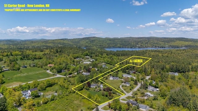 51 Carter Rd, New London, NH 03257 - aerial overview of property's location featuring a forest, property boundaries highlighted, and a water and mountain view