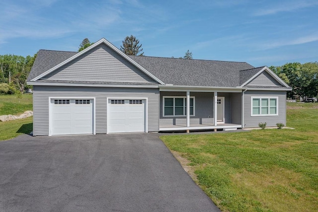 5 Midmark Ln, Concord, NH 03301 - ranch-style home with a garage, asphalt driveway, a porch, a front yard, and roof with shingles