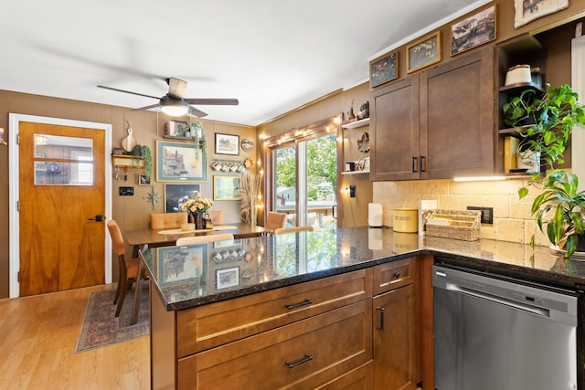 228 Platts Ave, Manchester, NH 03109 - kitchen featuring open shelves, dishwasher, a peninsula, and light wood-style flooring