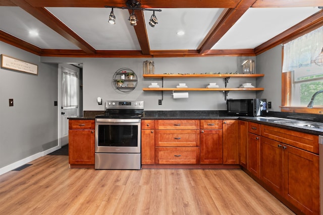 2124 Wakefield Rd, Wakefield, NH 03872 - kitchen featuring stainless steel electric stove, black microwave, a sink, open shelves, and light wood-type flooring