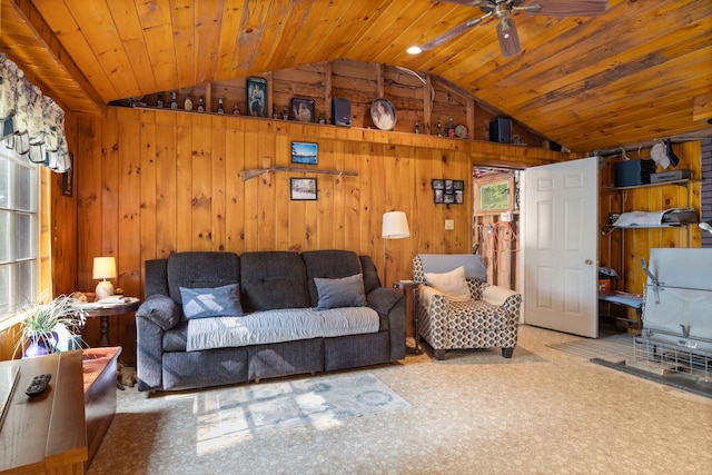 87 Lower Camp Rd, Northwood, NH 03261 - carpeted living area with lofted ceiling, a ceiling fan, wooden walls, wooden ceiling, and plenty of natural light