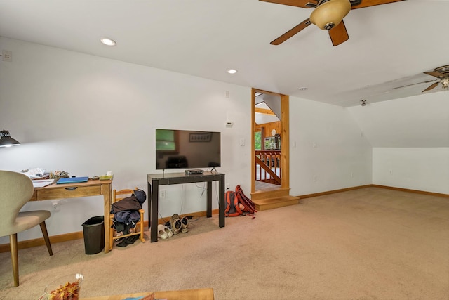 222 Main St, Alton, NH 03809 - home office with ceiling fan, carpet floors, baseboards, lofted ceiling, and recessed lighting