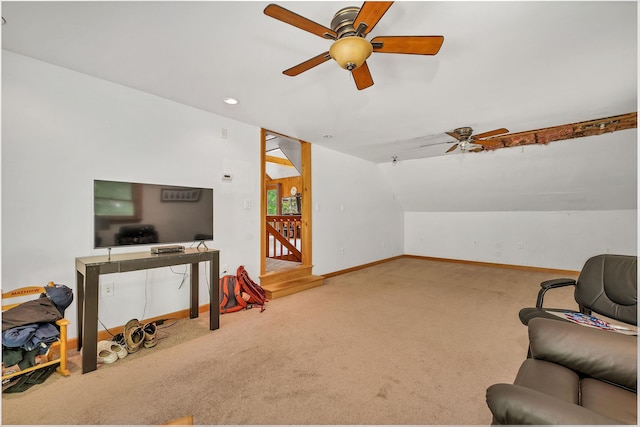 222 Main St, Alton, NH 03809 - carpeted living room featuring a ceiling fan, baseboards, lofted ceiling, and recessed lighting