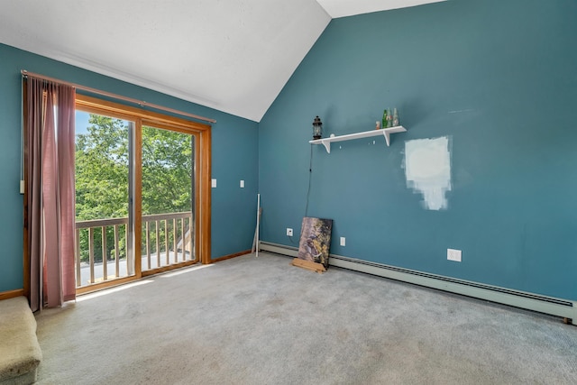 222 Main St, Alton, NH 03809 - carpeted empty room with lofted ceiling, a baseboard radiator, and baseboards