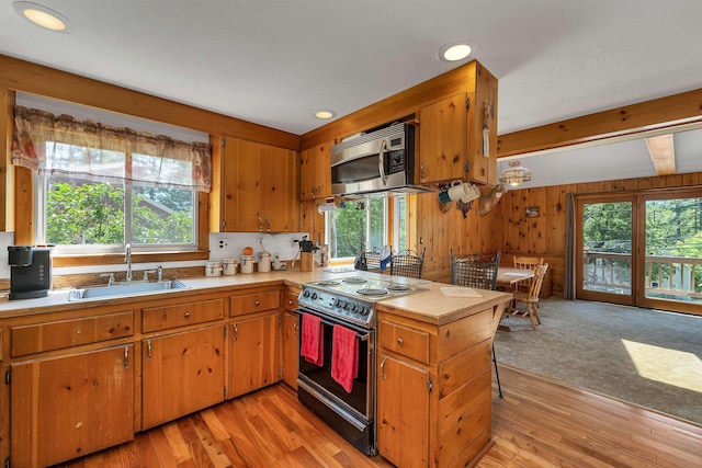 222 Main St, Alton, NH 03809 - kitchen featuring electric range, stainless steel microwave, a sink, light countertops, and plenty of natural light