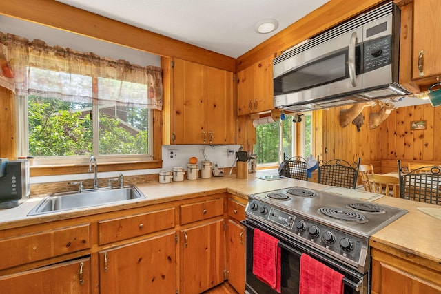 222 Main St, Alton, NH 03809 - kitchen with appliances with stainless steel finishes, a sink, light countertops, healthy amount of natural light, and wooden walls