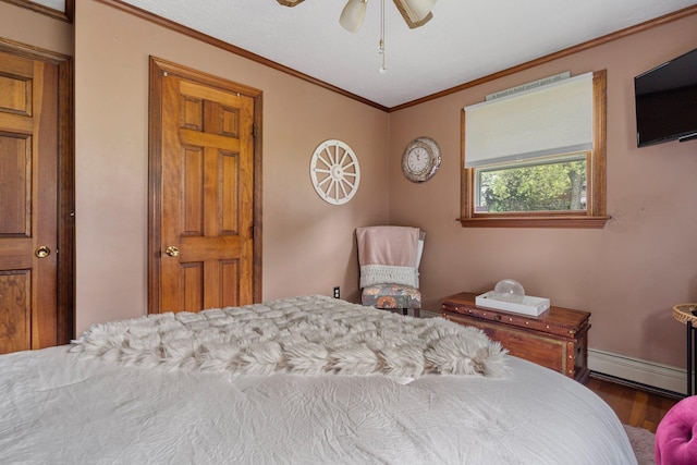 396 Huse Rd, Manchester, NH 03103 - bedroom featuring baseboard heating, wood finished floors, ornamental molding, baseboards, and ceiling fan