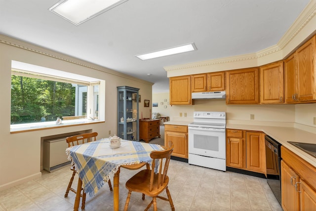 10 Vappi Vale Ln, Moultonborough, NH 03254 - kitchen featuring white electric range oven, under cabinet range hood, black dishwasher, brown cabinets, and light countertops