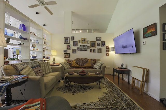 16 Carleton Way, Hales Location, NH 03860 - living area featuring ceiling fan, lofted ceiling, wood finished floors, baseboards, and track lighting
