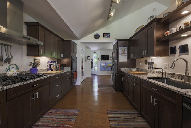 16 Carleton Way, Hales Location, NH 03860 - kitchen featuring wall chimney exhaust hood, black appliances, a sink, vaulted ceiling, and light stone countertops