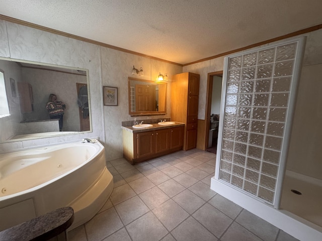 182 Franks Way, Middlesex, VT 05602 - full bathroom with ornamental molding, a textured ceiling, double vanity, a whirlpool tub, and tile patterned flooring
