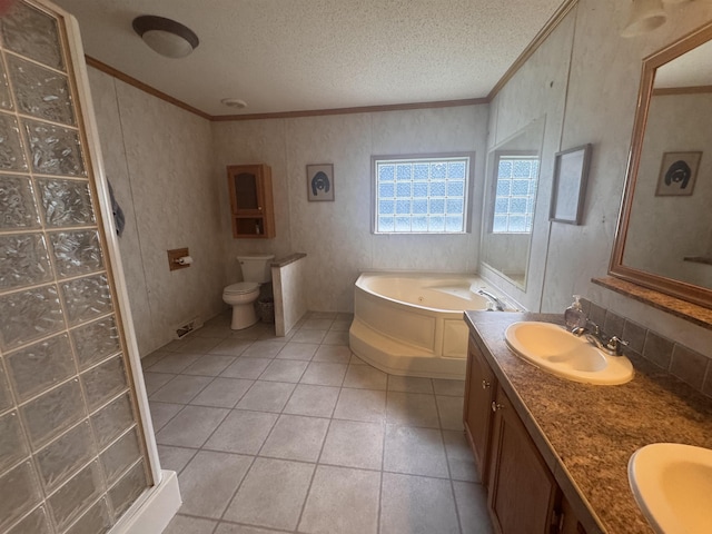 182 Franks Way, Middlesex, VT 05602 - full bathroom featuring crown molding, a garden tub, double vanity, a textured ceiling, and tile patterned flooring