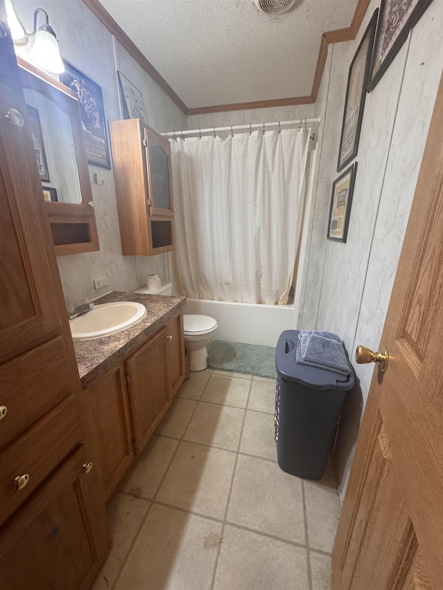 182 Franks Way, Middlesex, VT 05602 - bathroom with crown molding, vanity, toilet, shower / bathtub combination with curtain, and a textured ceiling