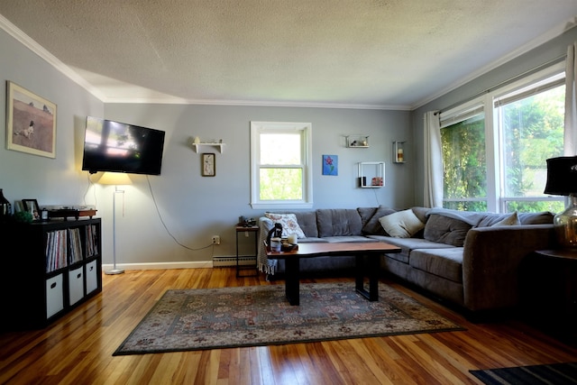 24 Abbott Rd, Concord, NH 03303 - living area with crown molding, a baseboard heating unit, hardwood / wood-style flooring, a textured ceiling, and baseboards