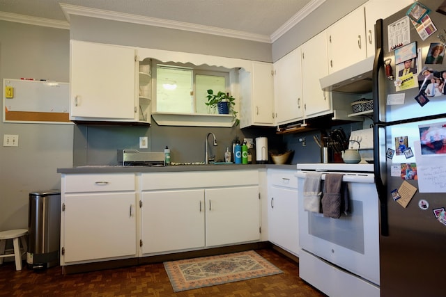 24 Abbott Rd, Concord, NH 03303 - kitchen featuring white range with electric stovetop, freestanding refrigerator, under cabinet range hood, ornamental molding, and white cabinets