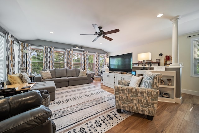 22 Westray Dr, Nashua, NH 03062 - living room with ornate columns, lofted ceiling, light wood-style flooring, a ceiling fan, and recessed lighting