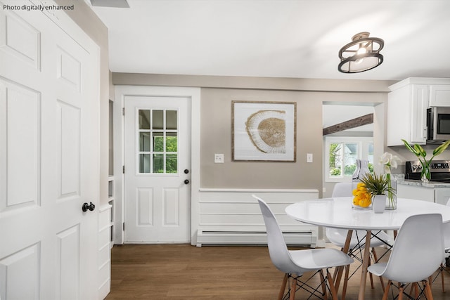 9 Grove Rd, Lyndeborough, NH 03082 - dining room featuring wood finished floors, baseboard heating, and wainscoting
