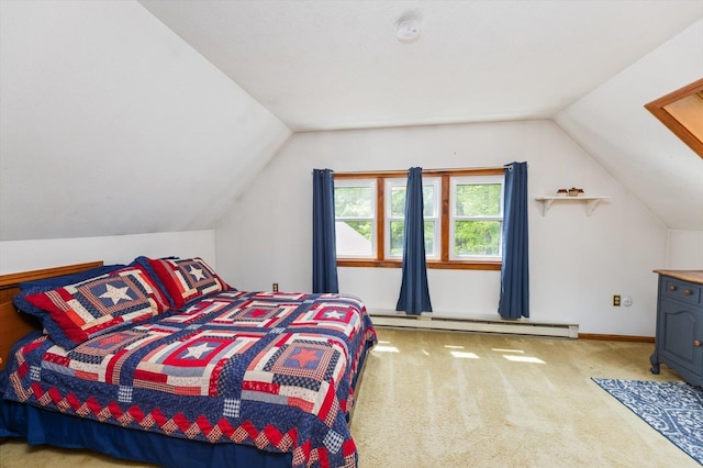 780 Greenfield Rd, Peterborough, NH 03458 - bedroom with vaulted ceiling, carpet flooring, and a baseboard heating unit