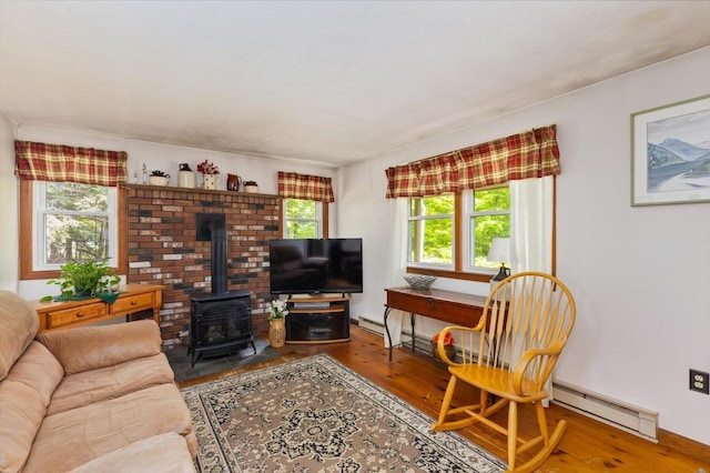780 Greenfield Rd, Peterborough, NH 03458 - living room with a baseboard radiator, wood finished floors, and a wood stove