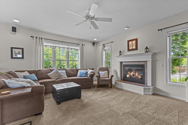 168 Raven Cir, Williston, VT 05495 - living area featuring healthy amount of natural light, carpet flooring, ceiling fan, a fireplace, and recessed lighting