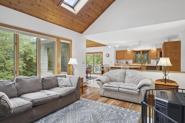 263 Old Post Rd, Newbury, NH 03255 - living area featuring light wood-style floors, rail lighting, a skylight, and vaulted ceiling