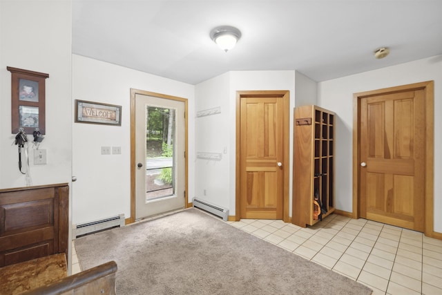263 Old Post Rd, Newbury, NH 03255 - entrance foyer with baseboard heating, light tile patterned flooring, baseboards, and light carpet