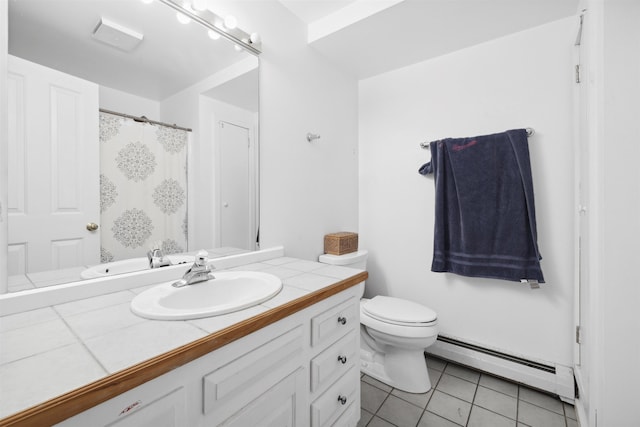 263 Old Post Rd, Newbury, NH 03255 - bathroom featuring a baseboard radiator, vanity, tile patterned flooring, toilet, and a shower with curtain