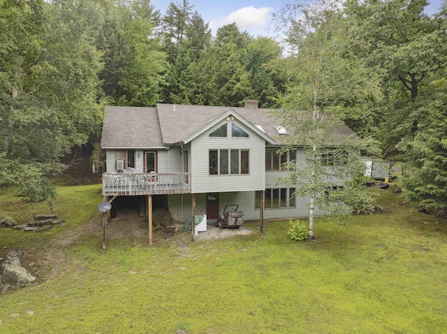 263 Old Post Rd, Newbury, NH 03255 - rear view of house featuring a deck, roof with shingles, a yard, and a chimney