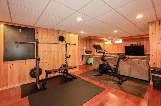 65 Victoria St Unit 8, Manchester, NH 03104 - workout room with wood finished floors, wooden walls, recessed lighting, and a paneled ceiling