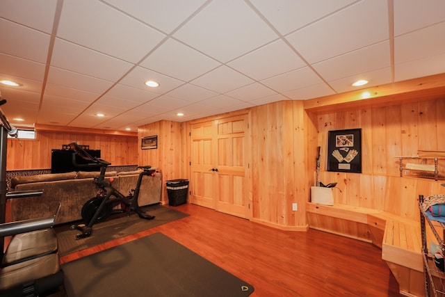 65 Victoria St Unit 8, Manchester, NH 03104 - exercise room featuring wood finished floors, wood walls, and recessed lighting