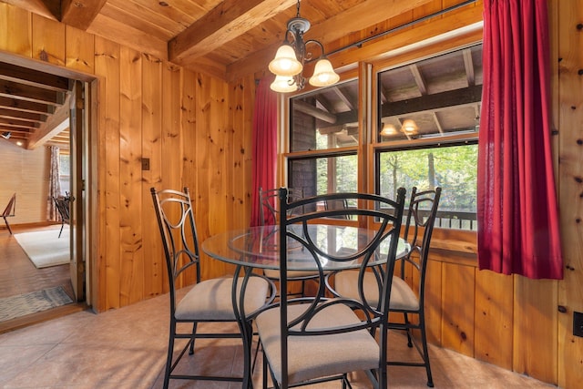 16 Mckinnon Rd, Washington, NH 03280 - dining area featuring wood walls, wood ceiling with exposed beams, and a chandelier