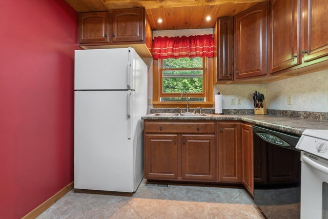 16 Mckinnon Rd, Washington, NH 03280 - kitchen with white appliances, a sink, wooden ceiling, dark countertops, and light tile patterned floors