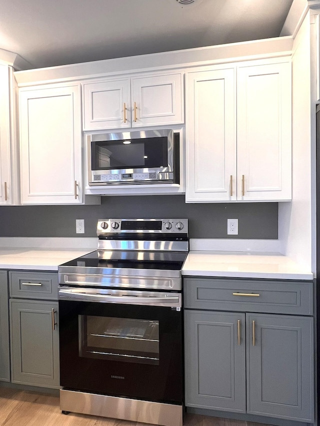 3 Crocket St, Rochester, NH 03867 - kitchen with stainless steel appliances, gray cabinetry, light countertops, and white cabinetry