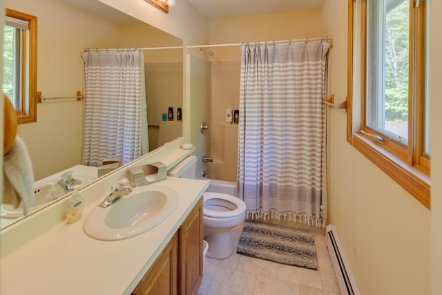 37 Pinehill Ln Unit 2, Lincoln, NH 03251 - full bathroom featuring vanity, a baseboard heating unit, shower / bathtub combination with curtain, toilet, and tile patterned floors
