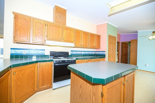 19/22 River St, Seabrook, NH 03874 - kitchen featuring gas stove, under cabinet range hood, crown molding, light wood-style flooring, and a center island