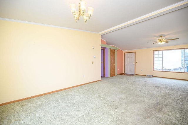 19/22 River St, Seabrook, NH 03874 - spare room featuring baseboards, carpet floors, a chandelier, vaulted ceiling, and crown molding